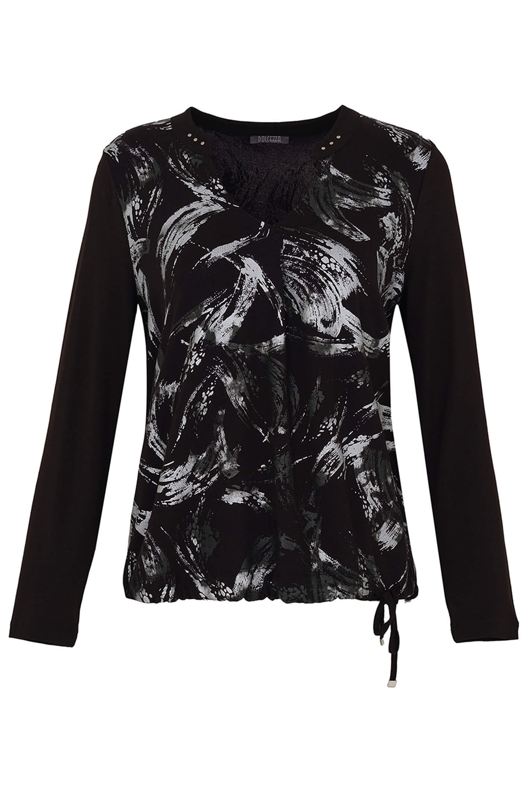 Dolcezza 73140 Black Brush Strokes Print Tie Waist Long Sleeve Top - Expeirence Boutique