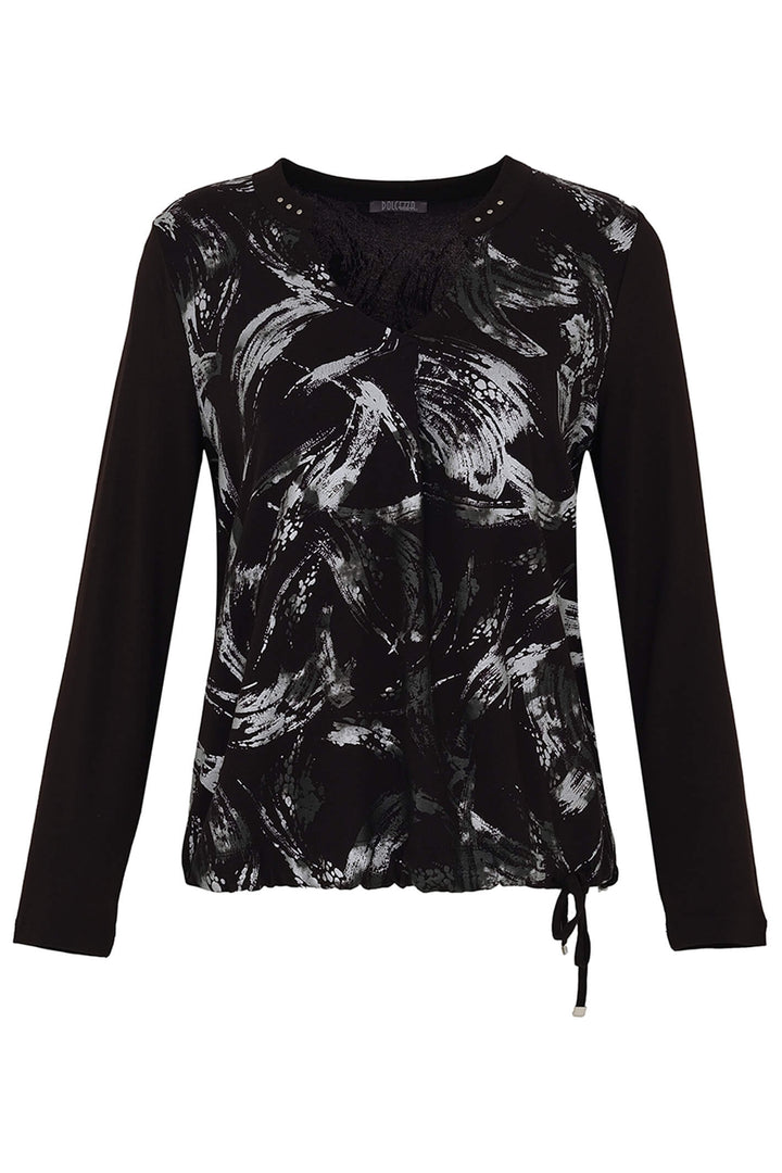 Dolcezza 73140 Black Brush Strokes Print Tie Waist Long Sleeve Top - Expeirence Boutique