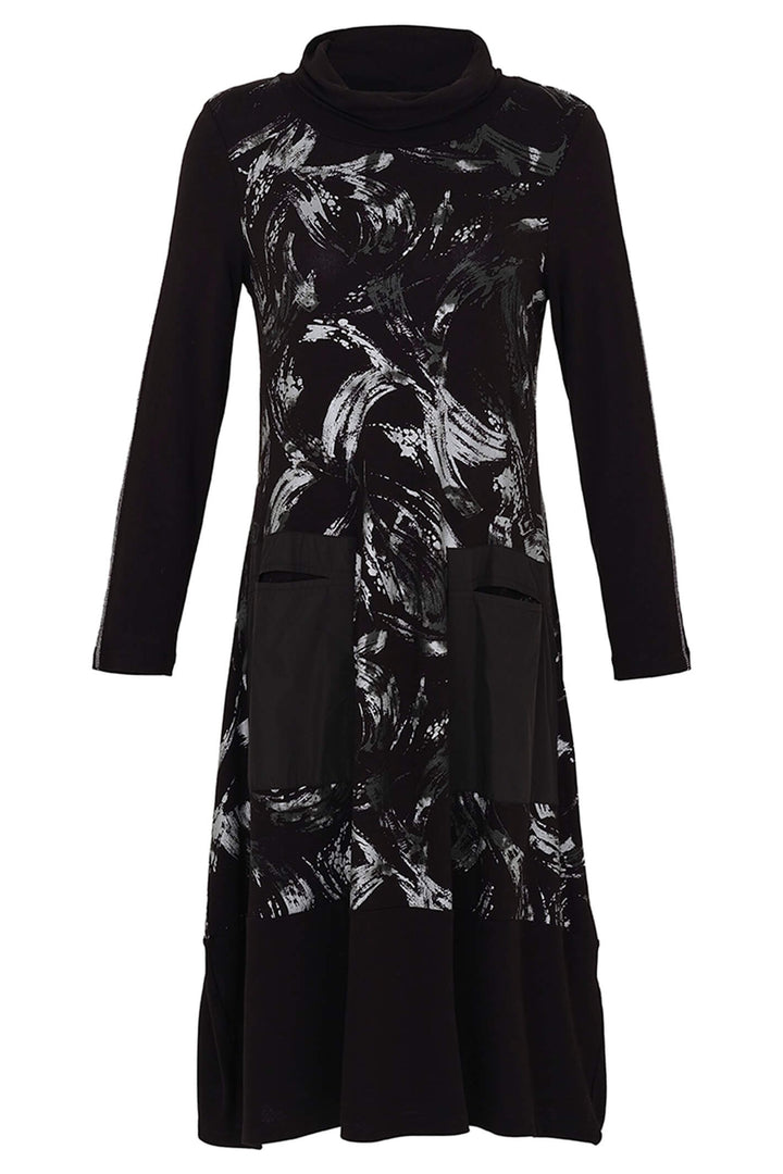 Dolcezza 73145 Black Brush Strokes Print Rollneck Dress - Experience Boutique