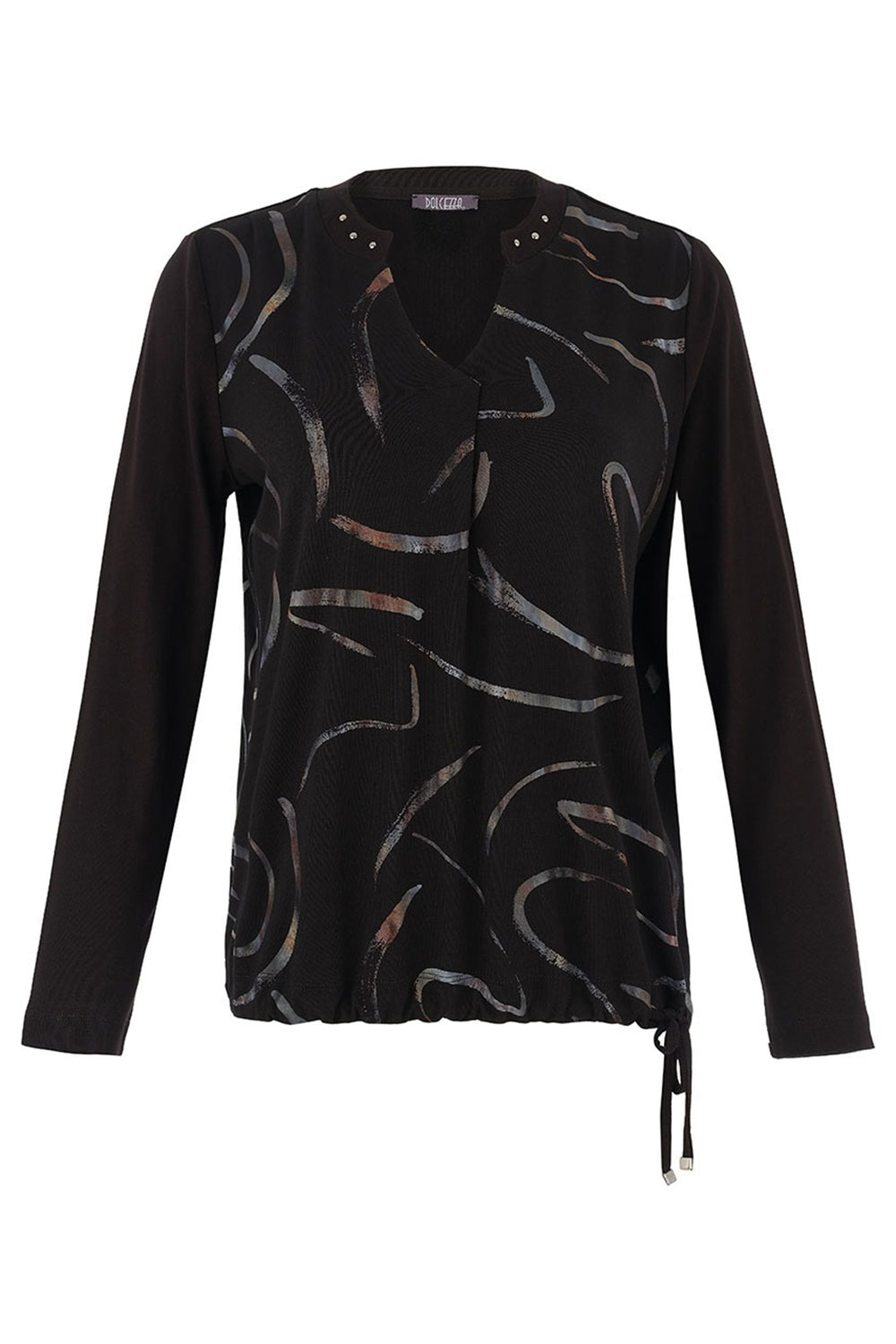 Black patterned long-sleeve top on a white background
