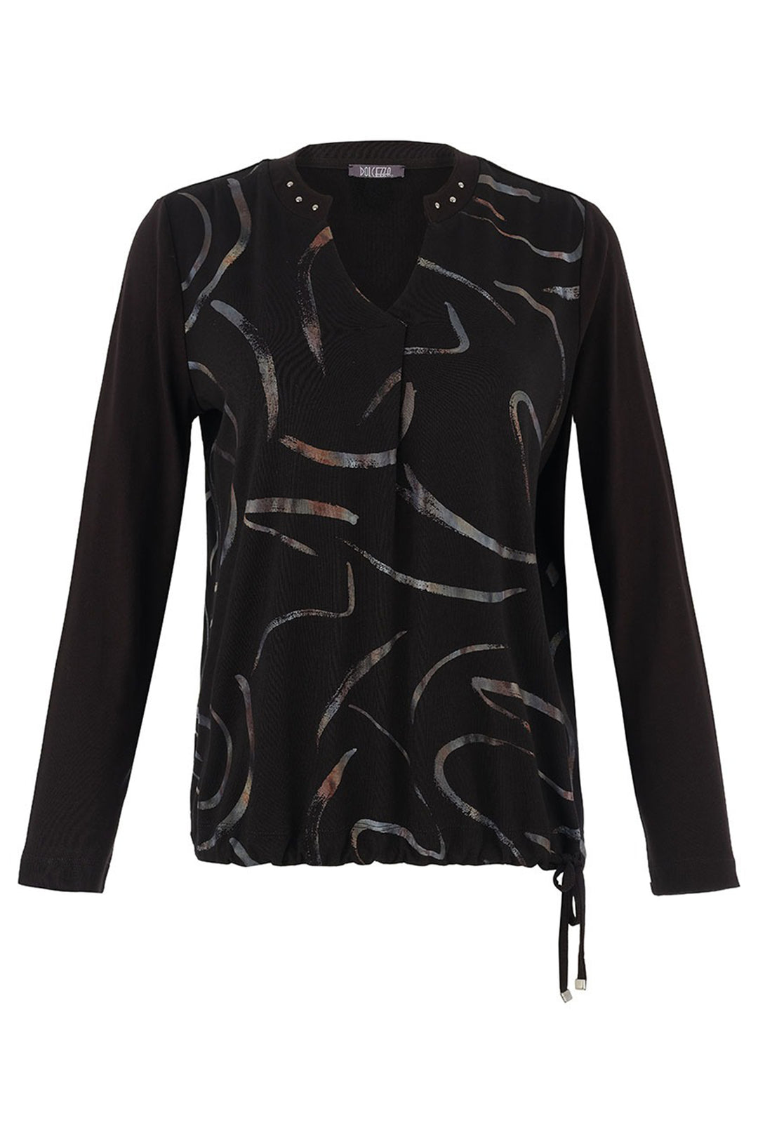 Black patterned long-sleeve top on a white background