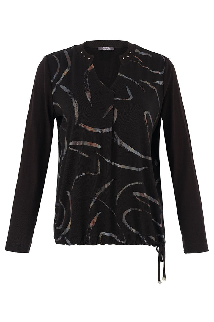 Black patterned long-sleeve top on a white background
