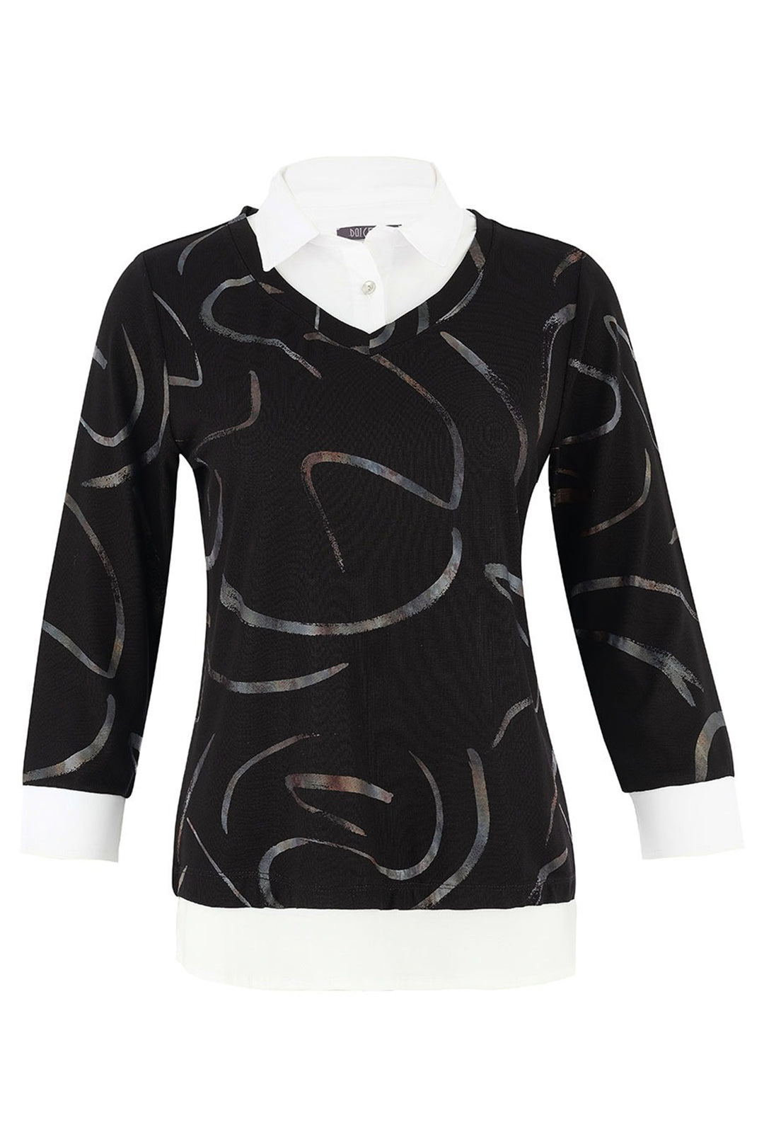 Black patterned sweater with white collar and cuffs on a white background