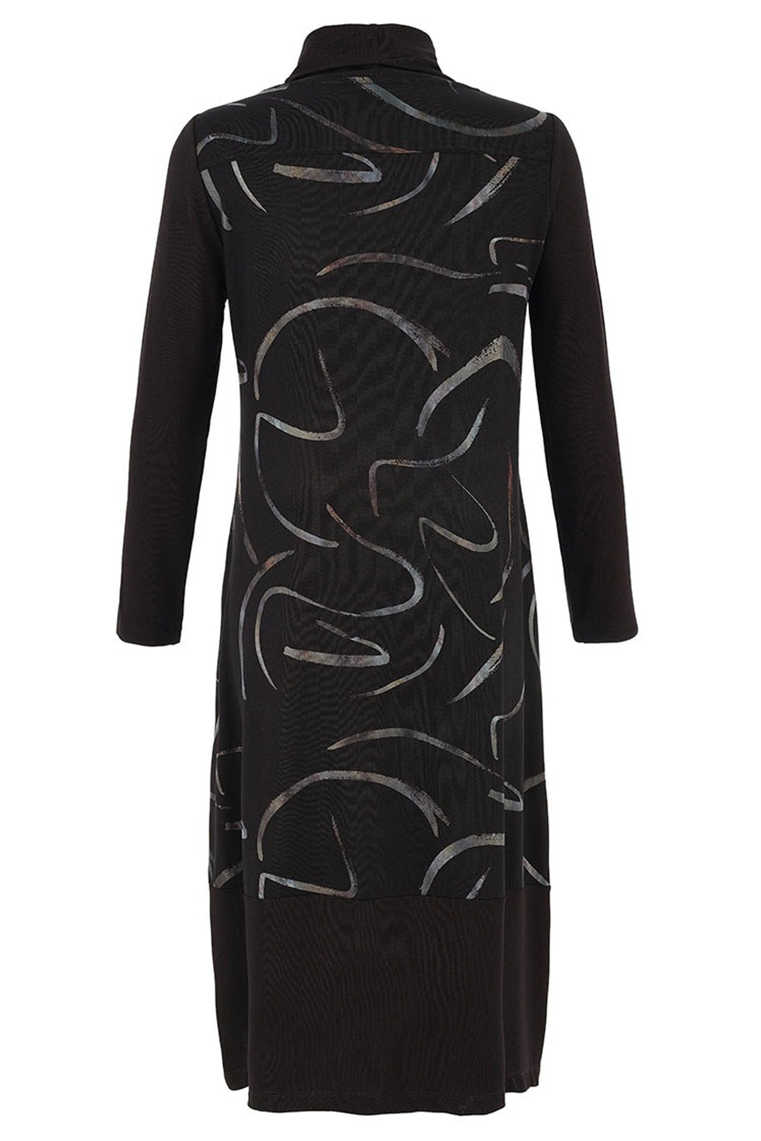 Black dress with abstract silver pattern on a white background