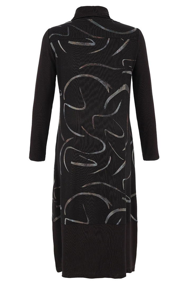 Black dress with abstract silver pattern on a white background