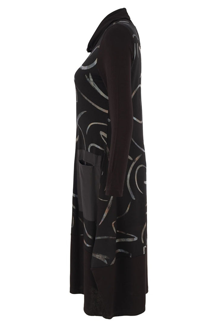 Black dress with white abstract patterns on a white background