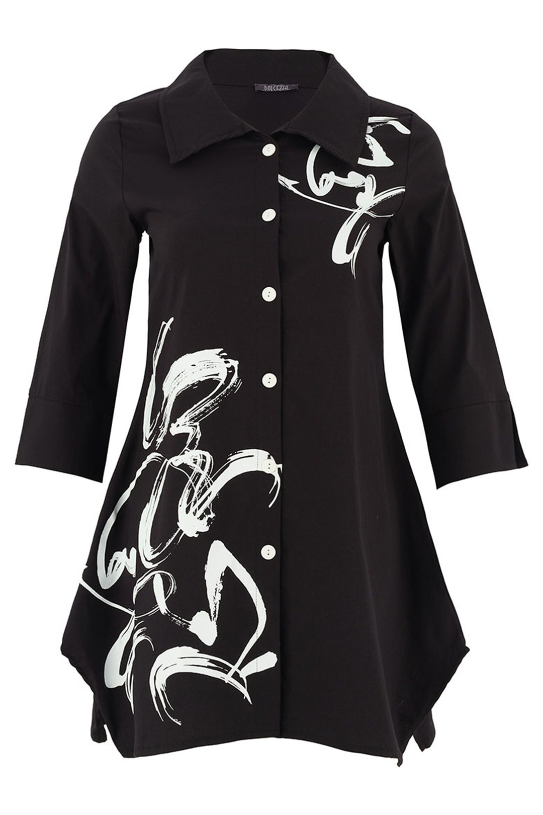 Black shirt with white abstract designs on a white background