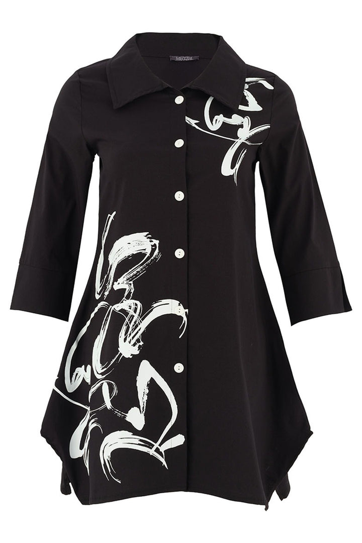 Black shirt with white abstract designs on a white background