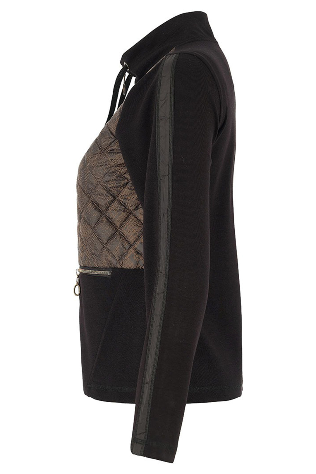 Black jacket with patterned side panel on a white background