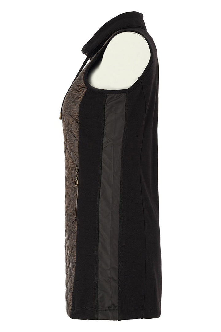 Black sleeveless top with sheer panels on a white background