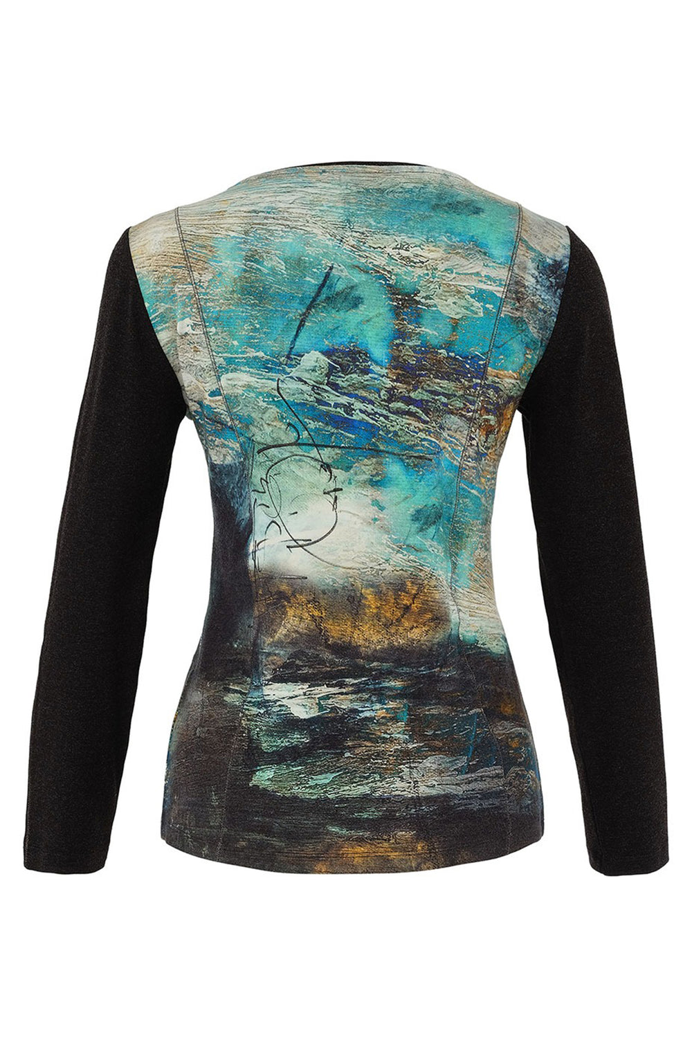 Long-sleeve top with abstract multicolor design on a white background
