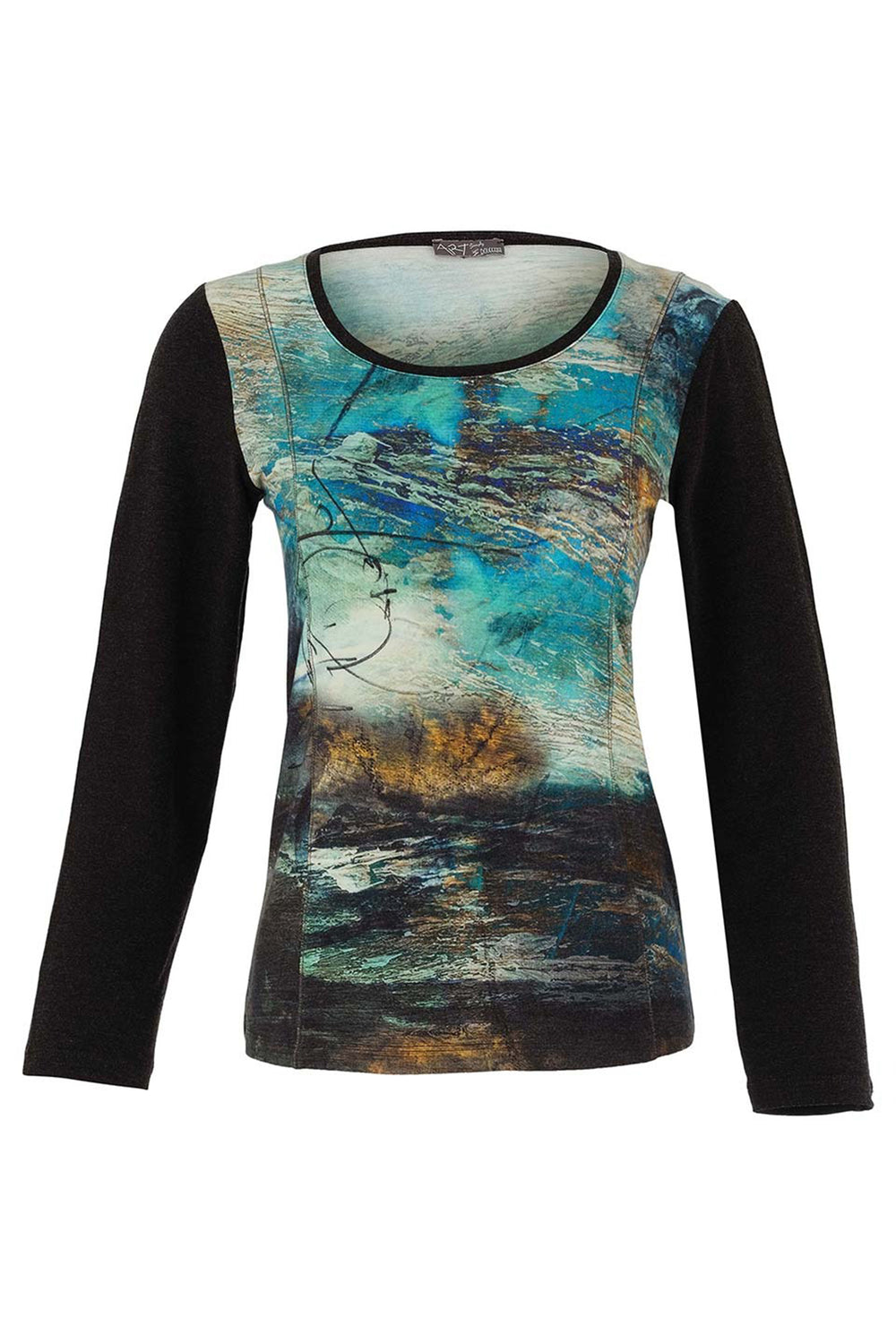 Long-sleeve shirt with artistic landscape design on a white background