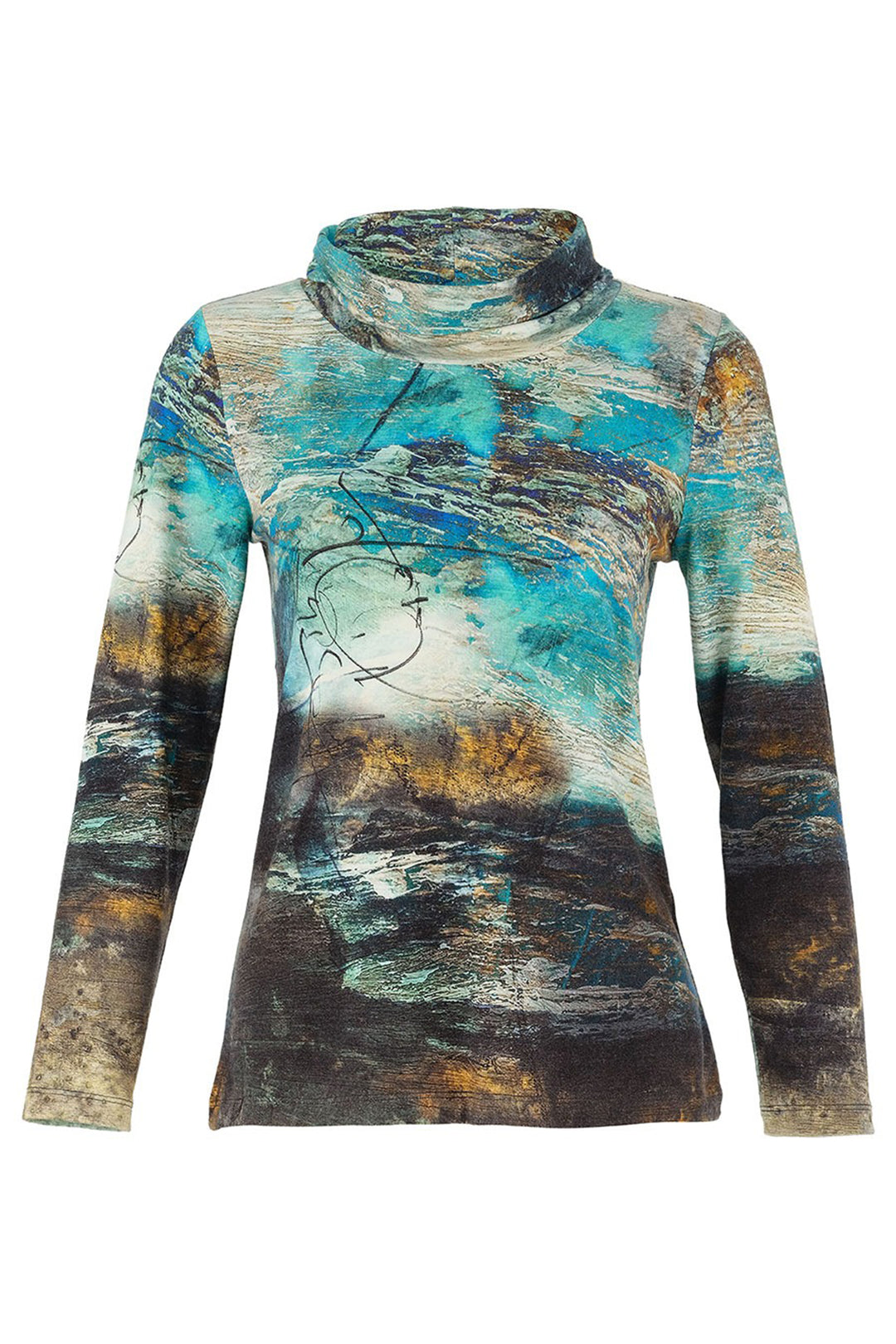 Colorful long-sleeve shirt with abstract design on a white background