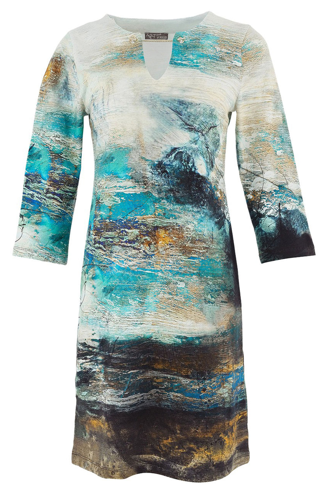 Abstract patterned dress with long sleeves on a white background