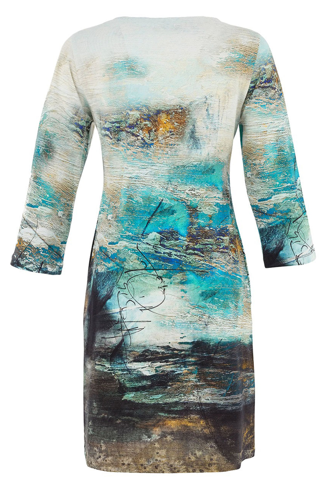 Abstract patterned dress with long sleeves on a white background