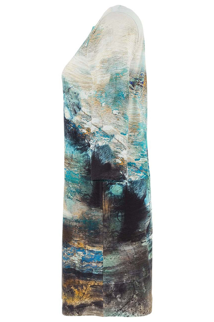 Abstract art piece with a mix of blue, black, and beige colors on a white background