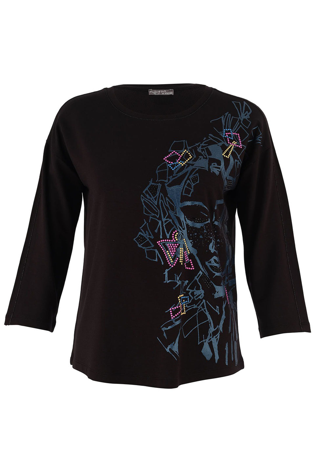 Black long-sleeve top with colorful abstract design on a white background