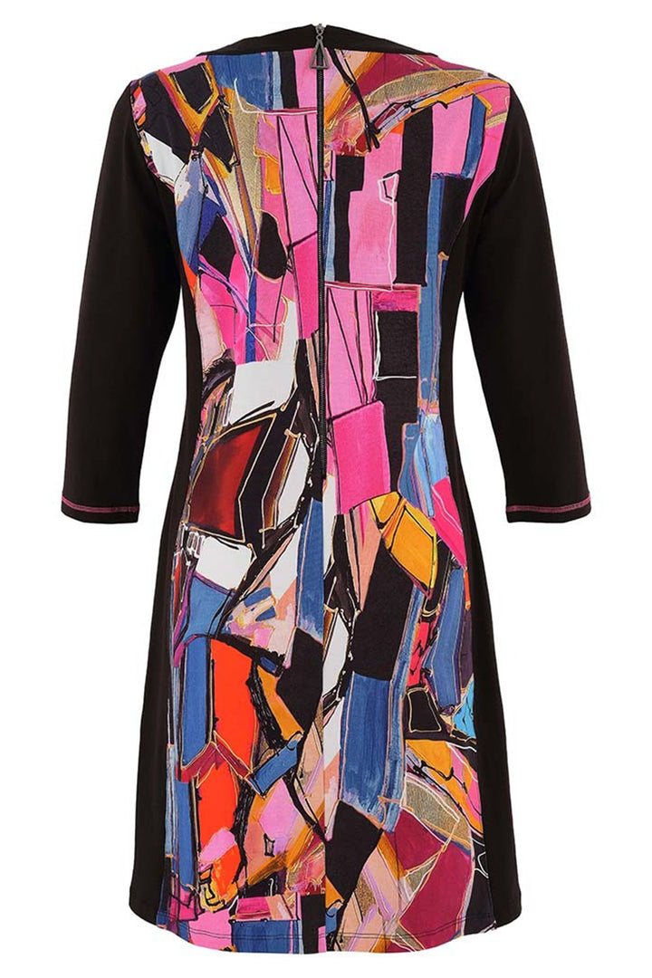 Colorful abstract patterned dress with black background