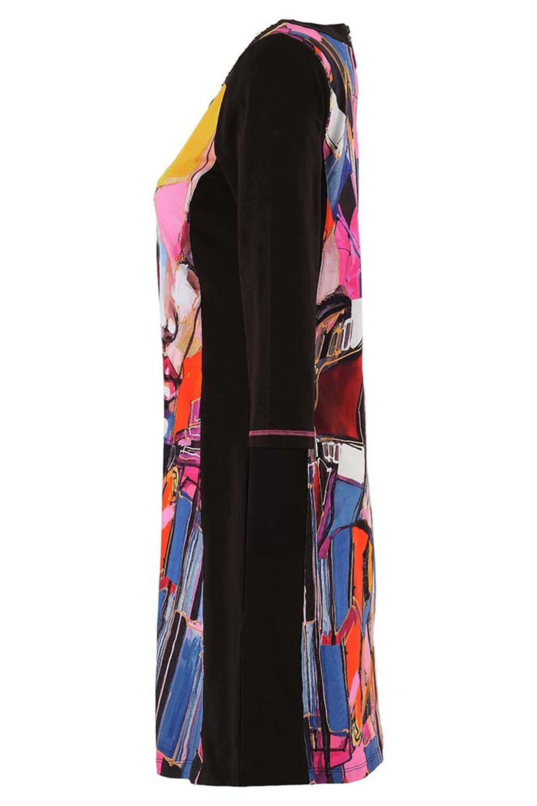 Colorful abstract patterned dress on a white background