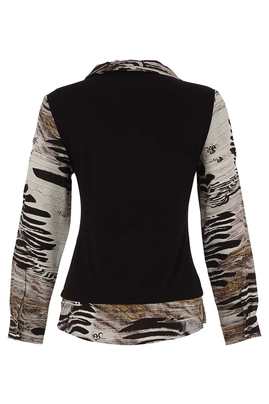 Black long-sleeve shirt with zebra print sleeves on a white background