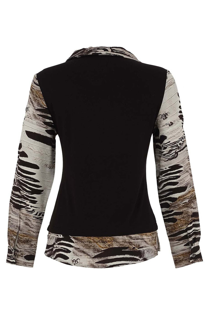 Black long-sleeve shirt with zebra print sleeves on a white background