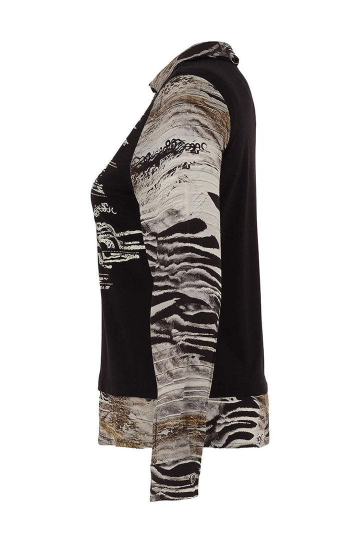 Long, patterned shirt with a mix of black, white, and beige on a white background