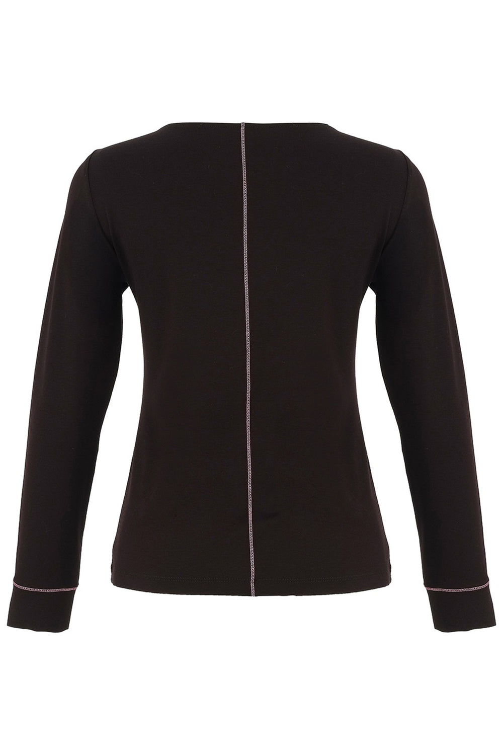 Black long-sleeve top with white piping on a white background