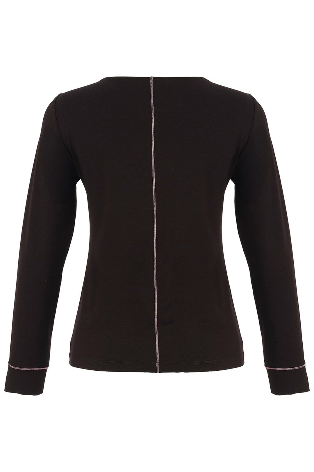 Black long-sleeve top with white piping on a white background