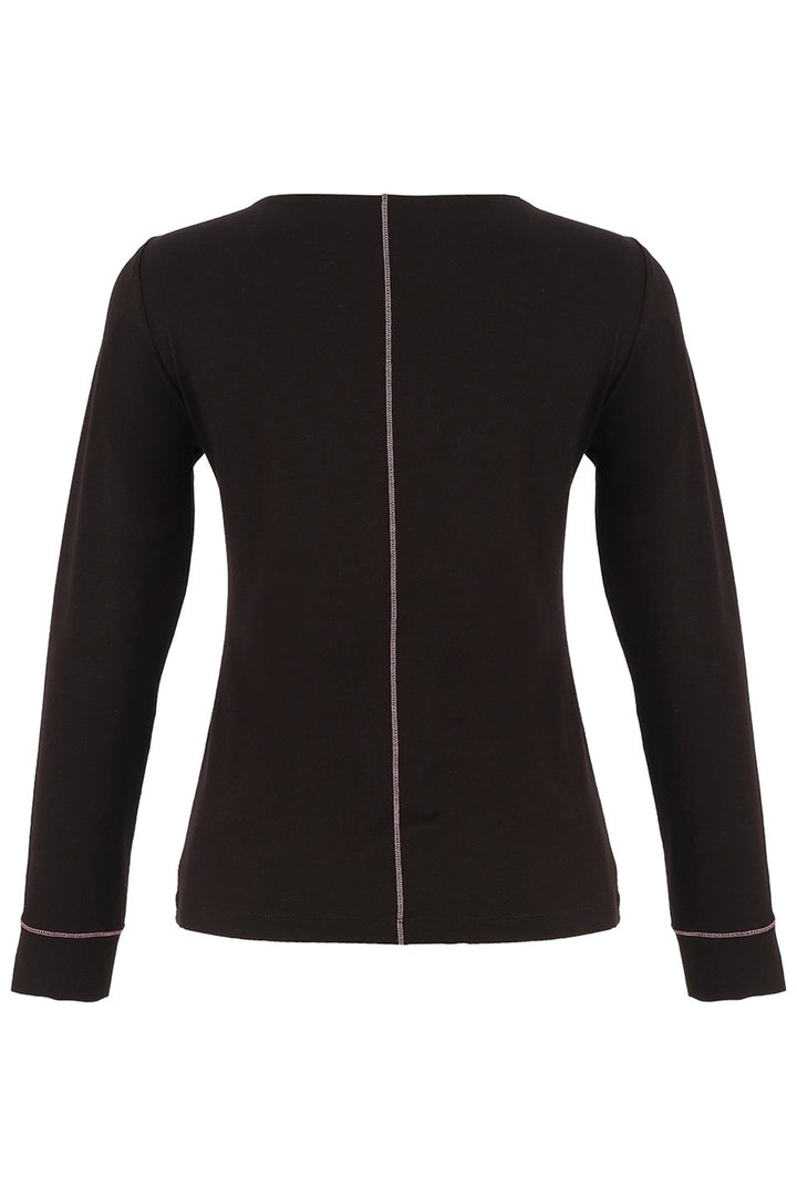 Black long-sleeve top with white piping on a white background