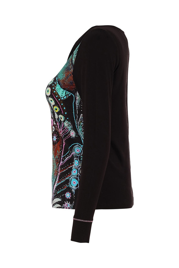 Black long-sleeve top with colorful abstract pattern on a white background
