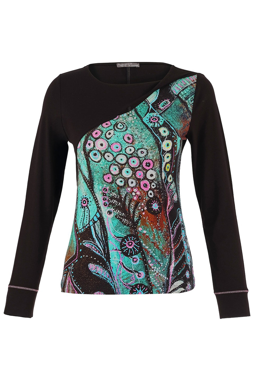 Colorful patterned top with black sleeves on a white background