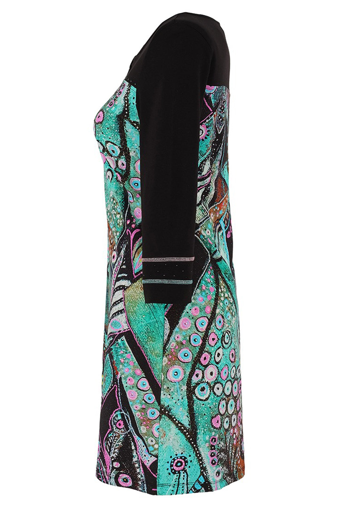 Colorful patterned dress with a black background