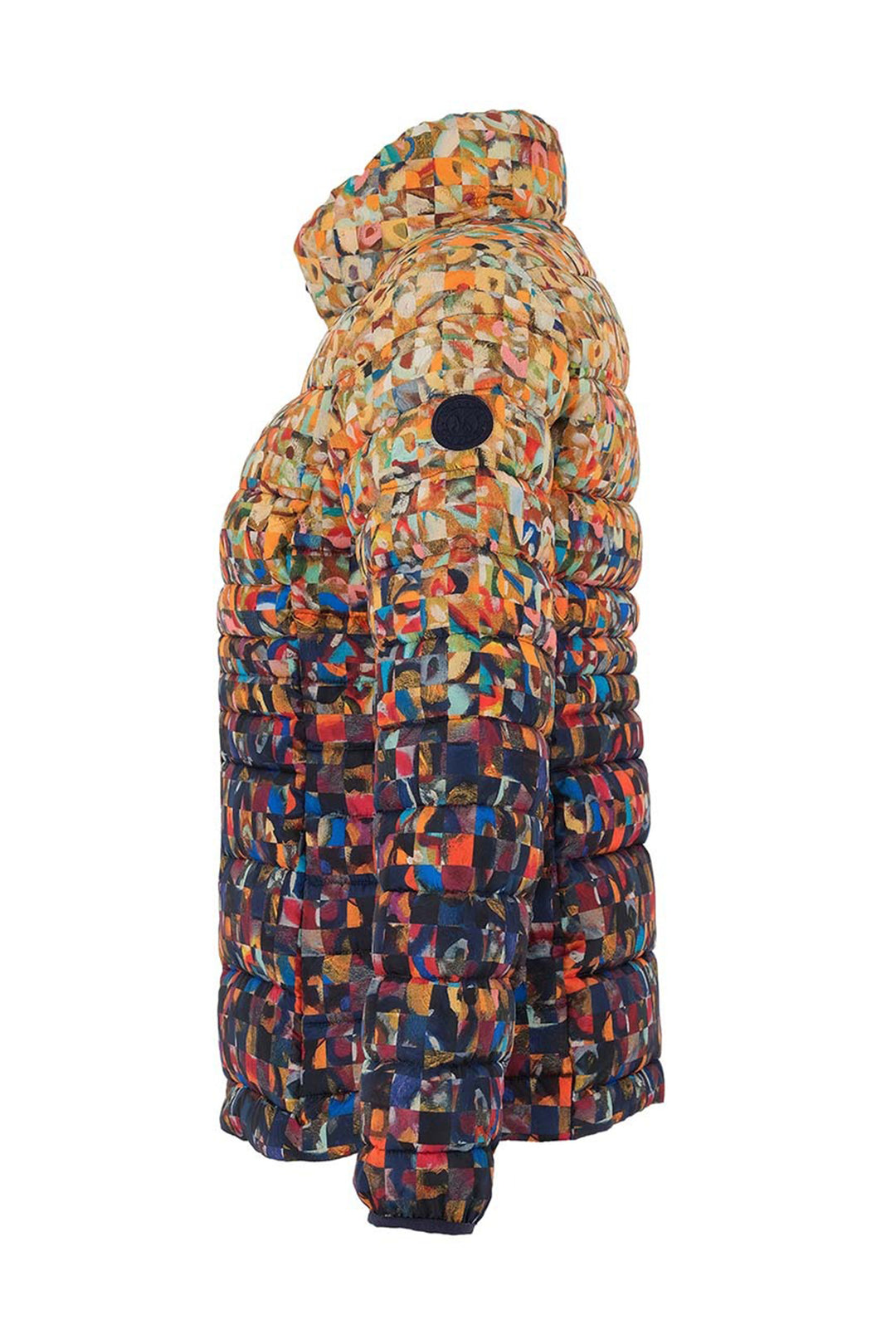Multicolored patterned snowsuit on a white background