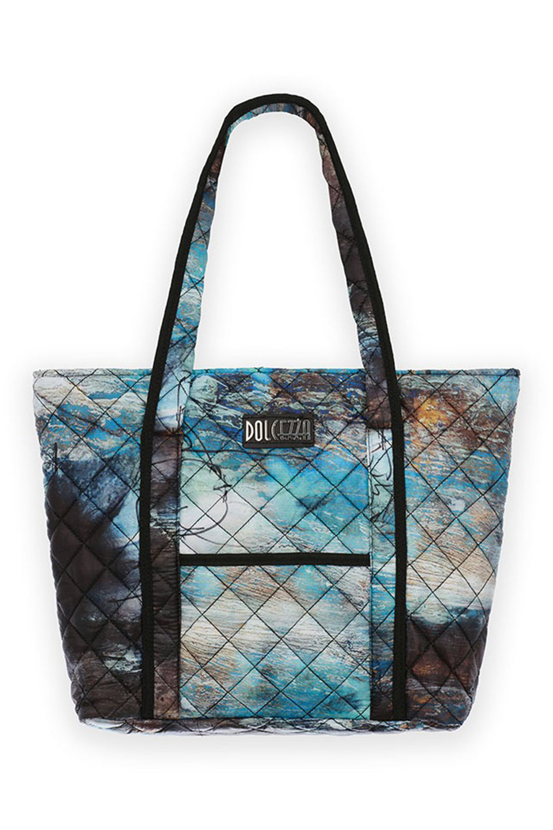 Quilted tote bag with blue and brown pattern on a white background