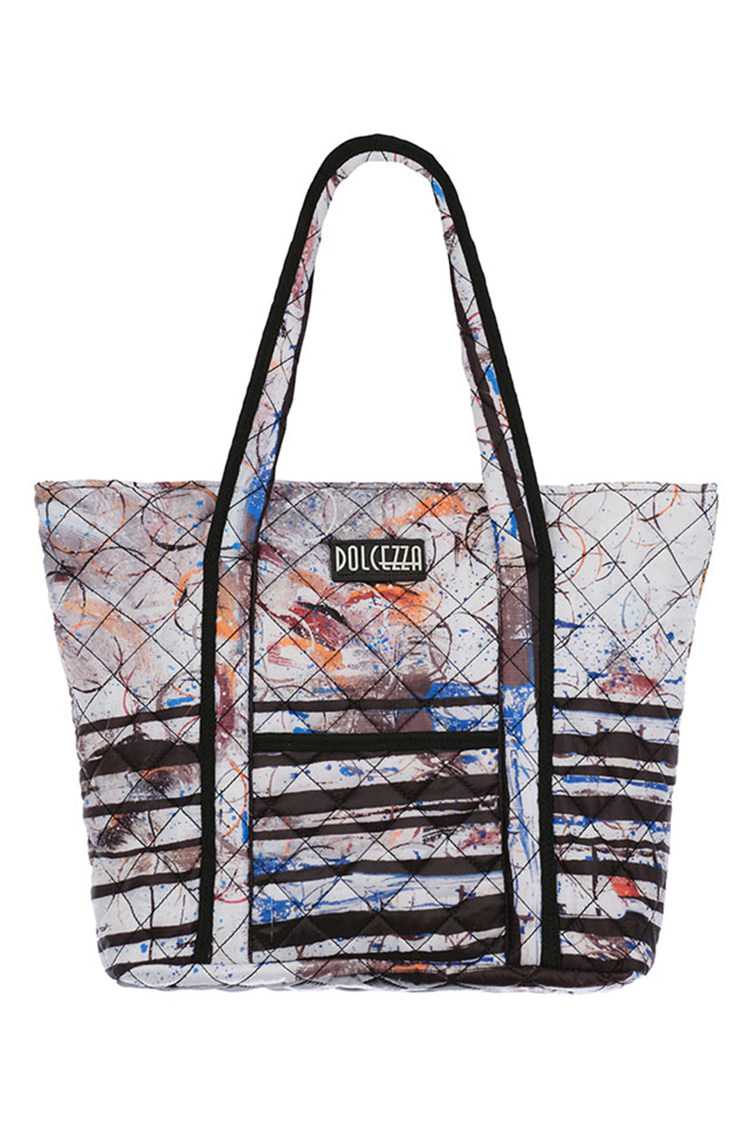 Multicolored tote bag with abstract patterns and Dolcezza branding on a white background