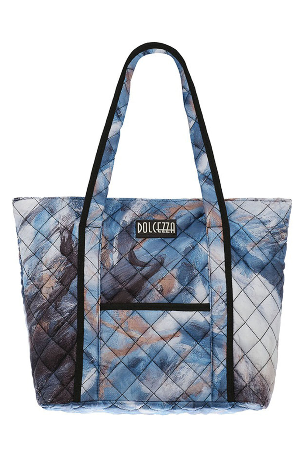 Quilted tote bag with blue and brown pattern and Dolcezza branding on a white background