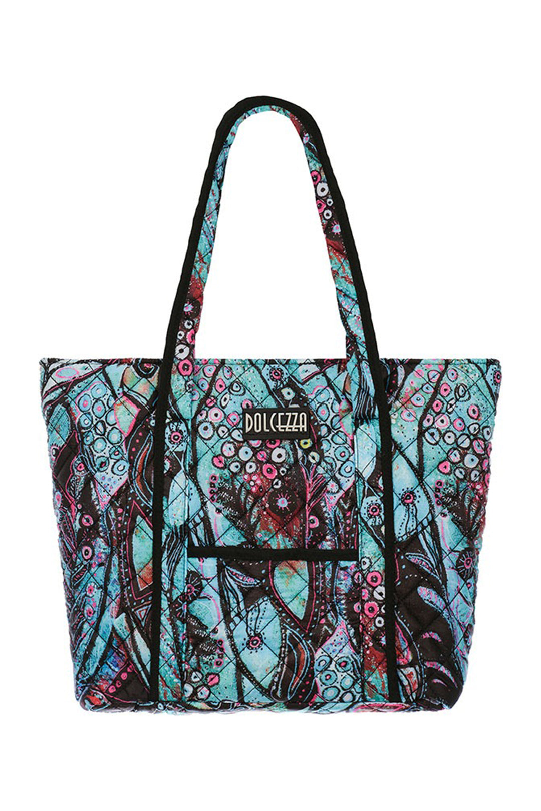 Colorful patterned tote bag with 'Dolcezza' branding on a white background