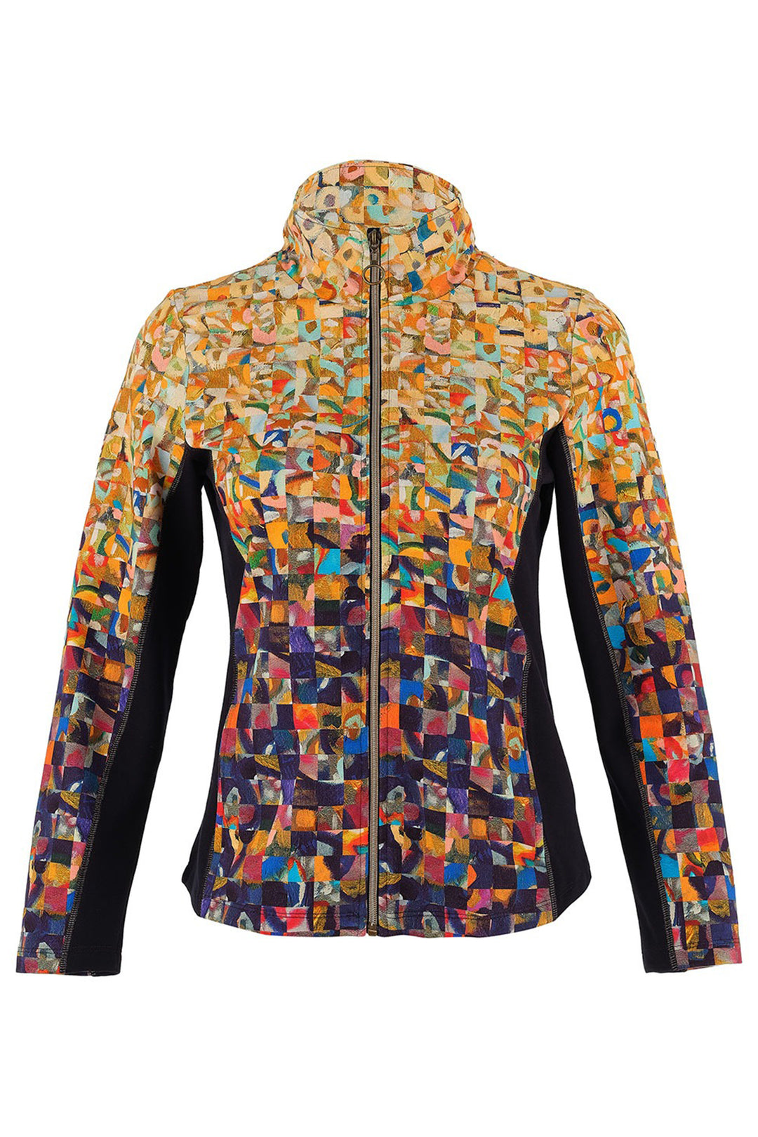 Colorful patterned jacket with black sleeves on a white background