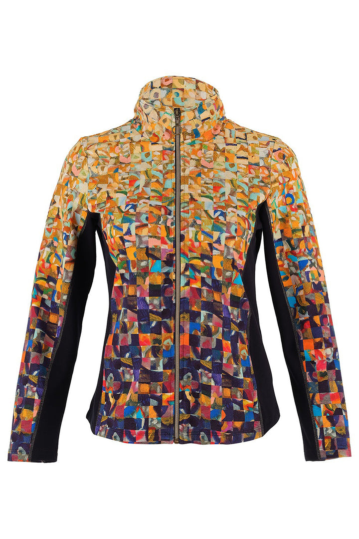 Colorful patterned jacket with black sleeves on a white background