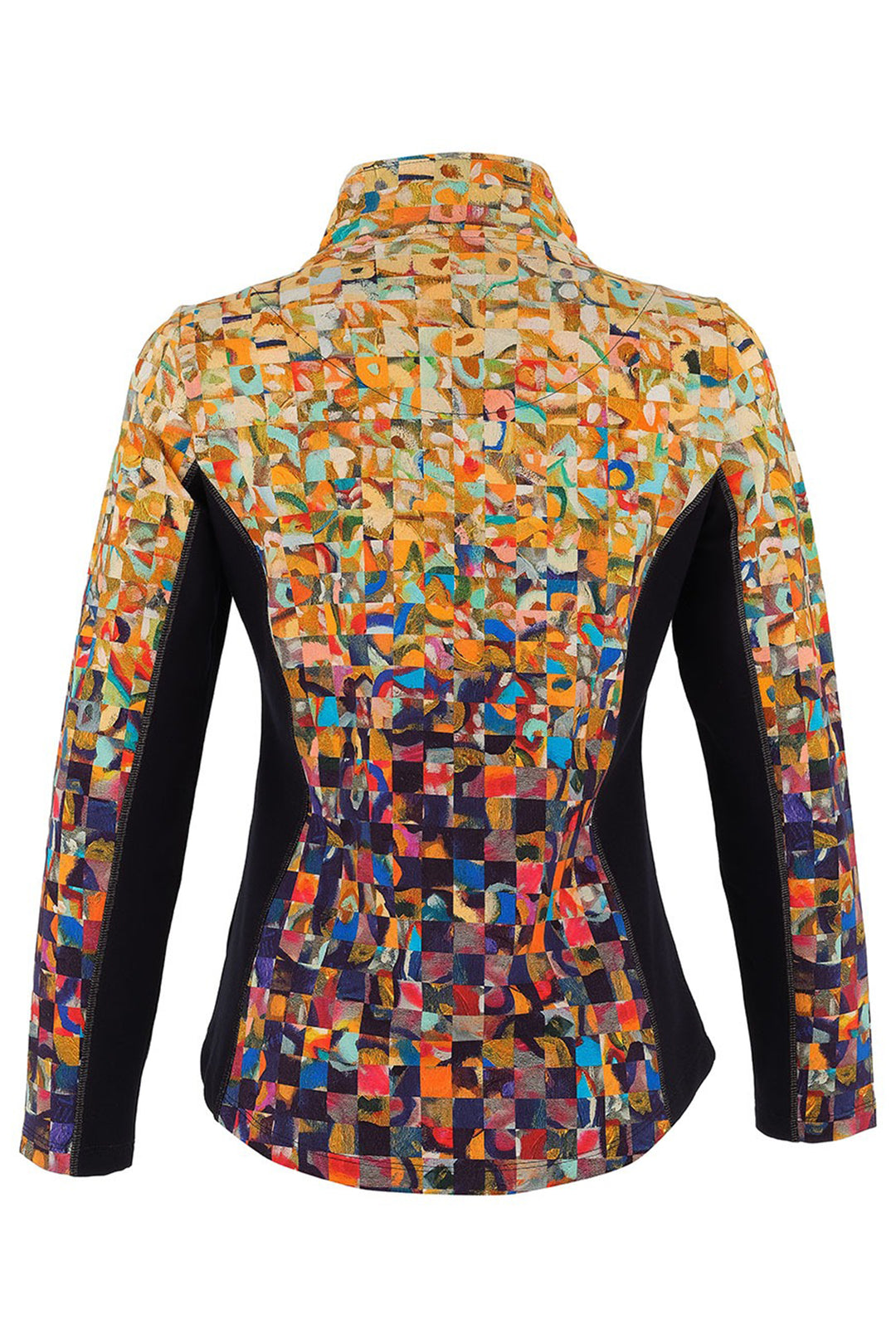 Colorful geometric-patterned jacket on a white background