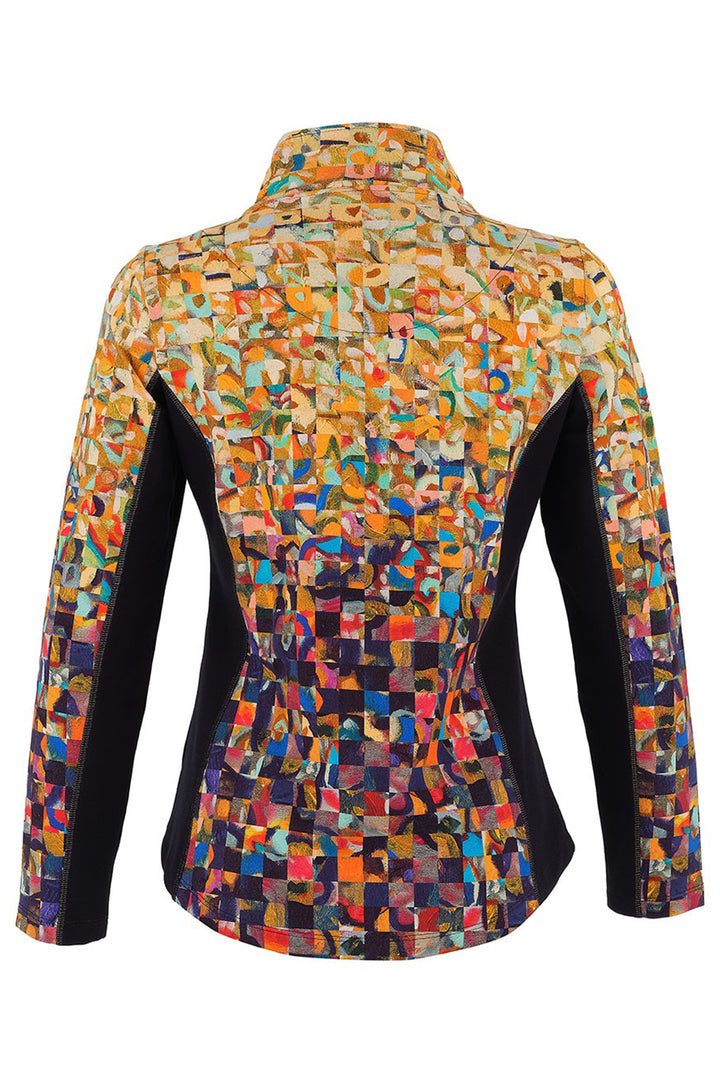 Colorful geometric-patterned jacket on a white background