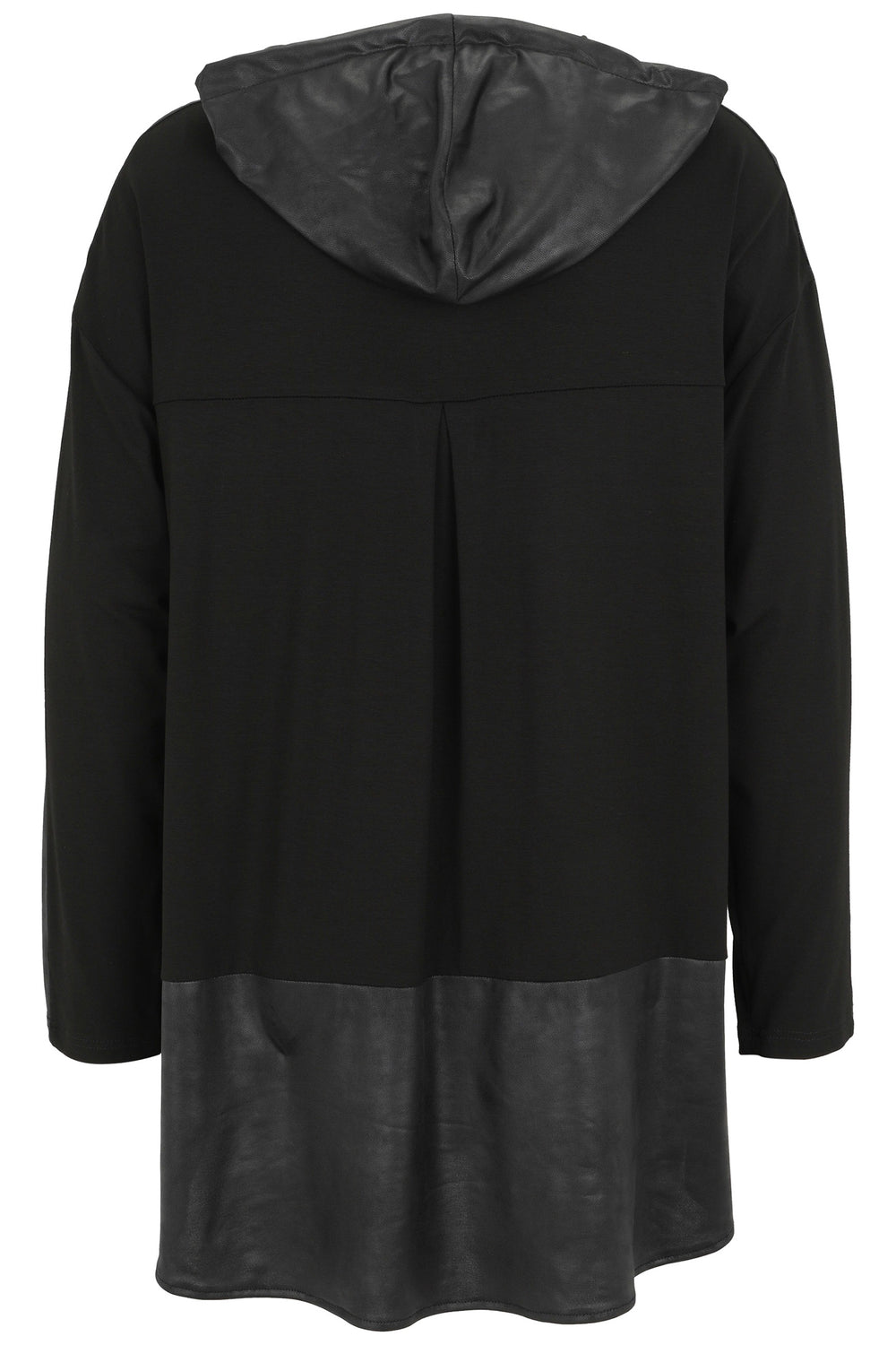 Black hooded coat with leather-like bottom section on a white background