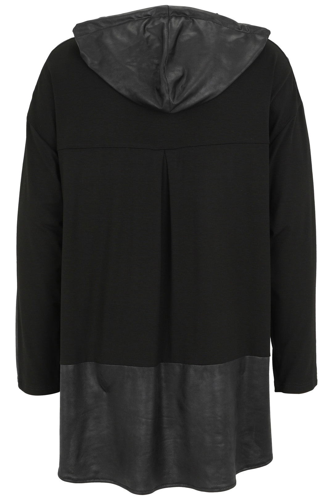 Black hooded coat with leather-like bottom section on a white background