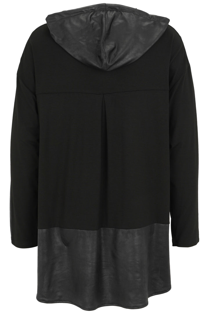 Black hooded coat with leather-like bottom section on a white background