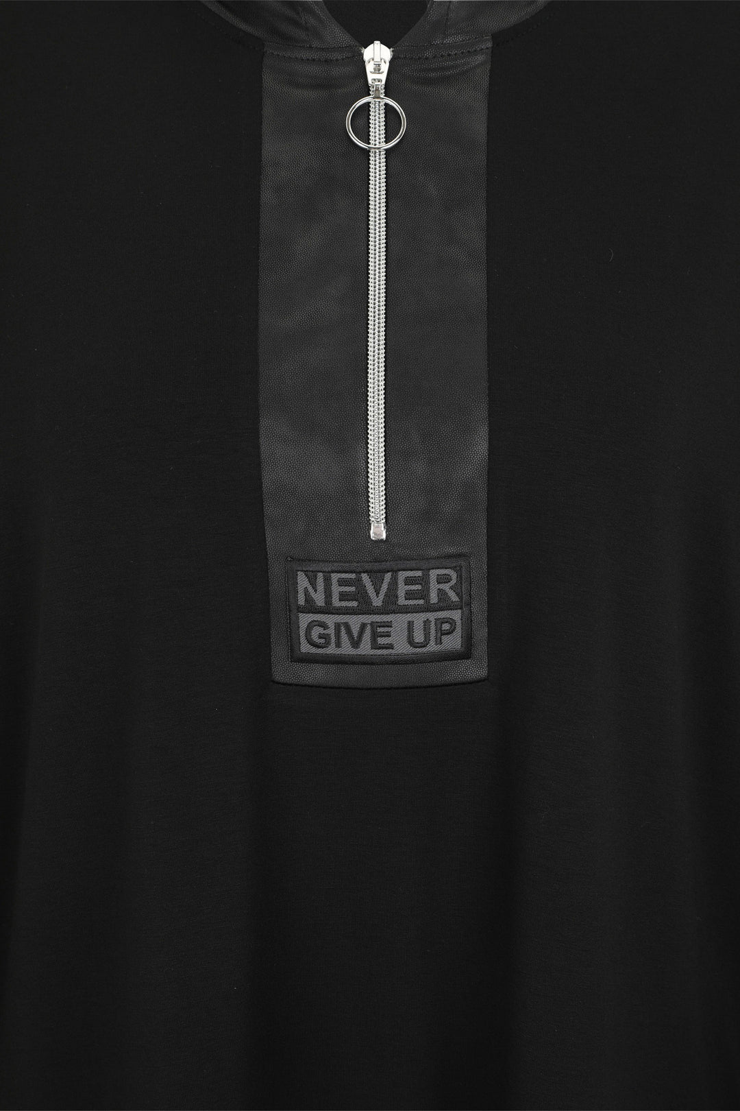 Black hoodie with a zipper and 'Never Give Up' patch on a black background