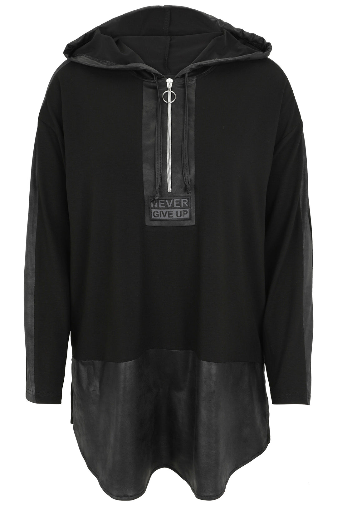 Black hoodie with leather accents on a white background