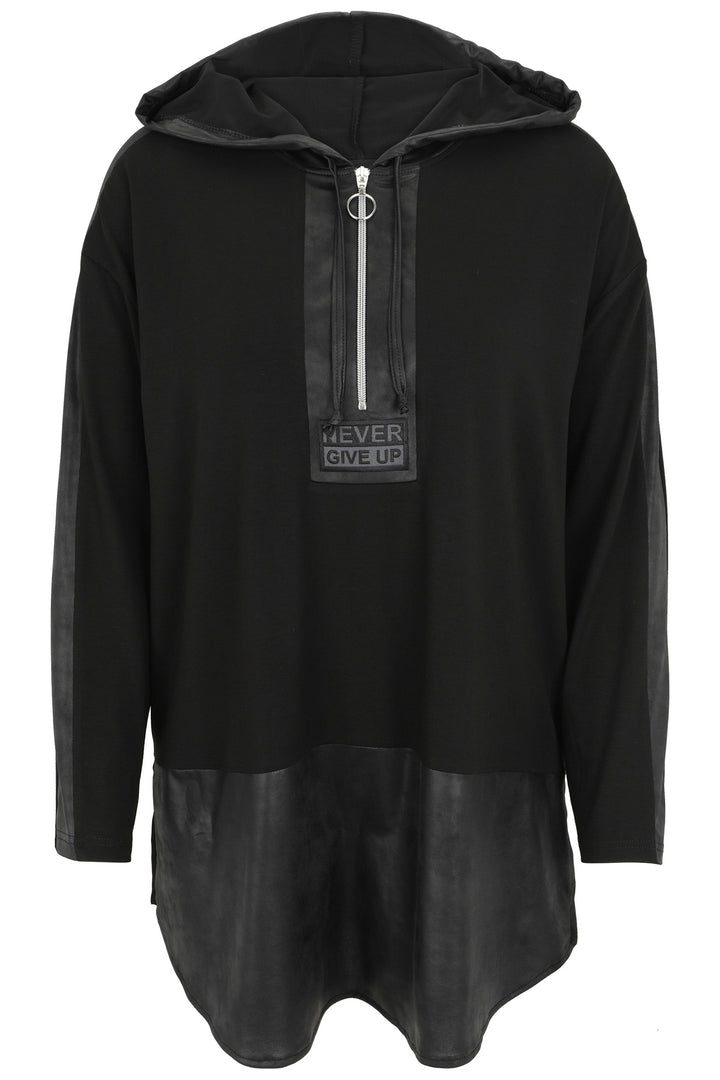 Black hoodie with leather accents on a white background