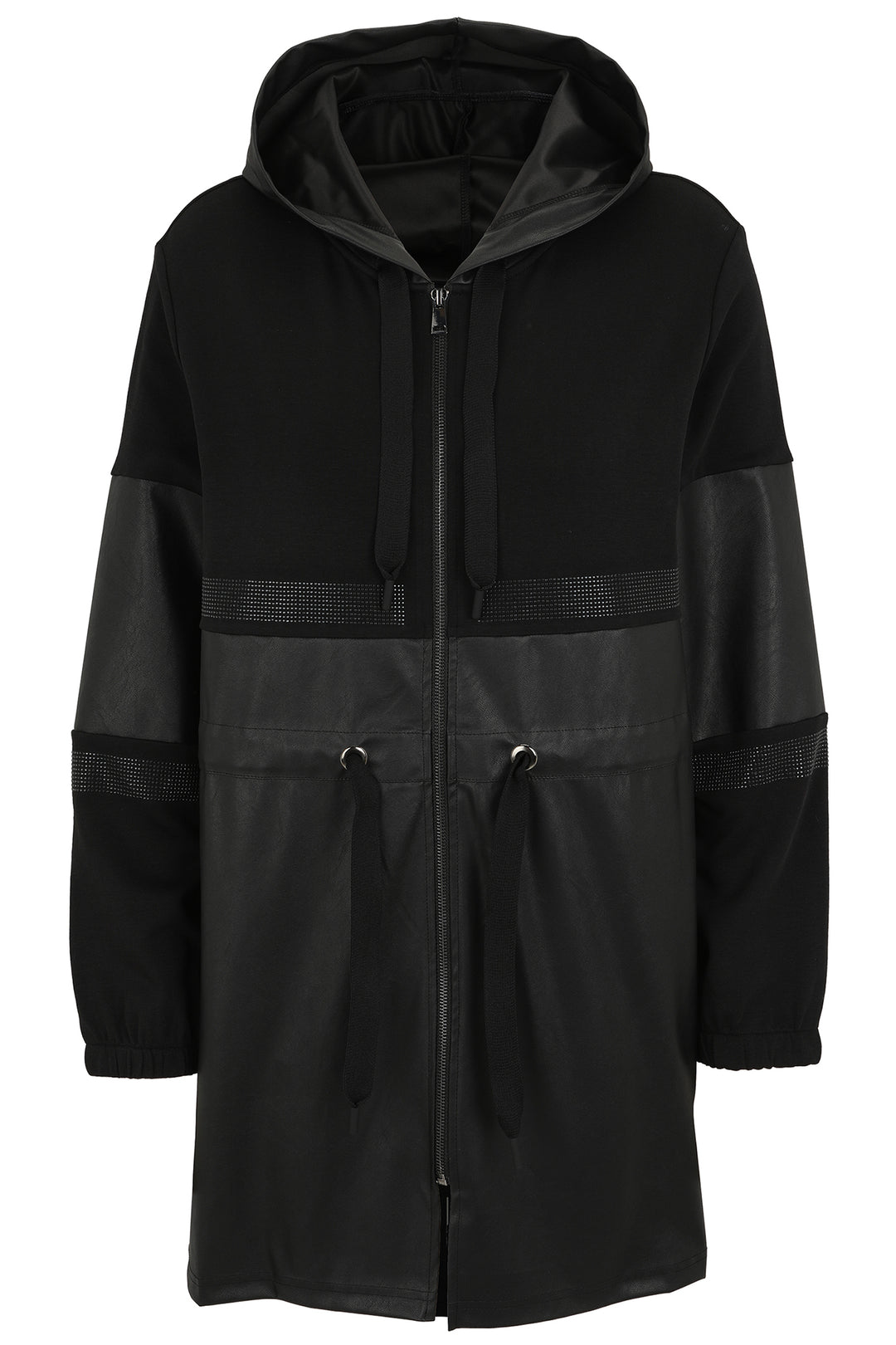 Black hooded coat with contrasting panels on a white background