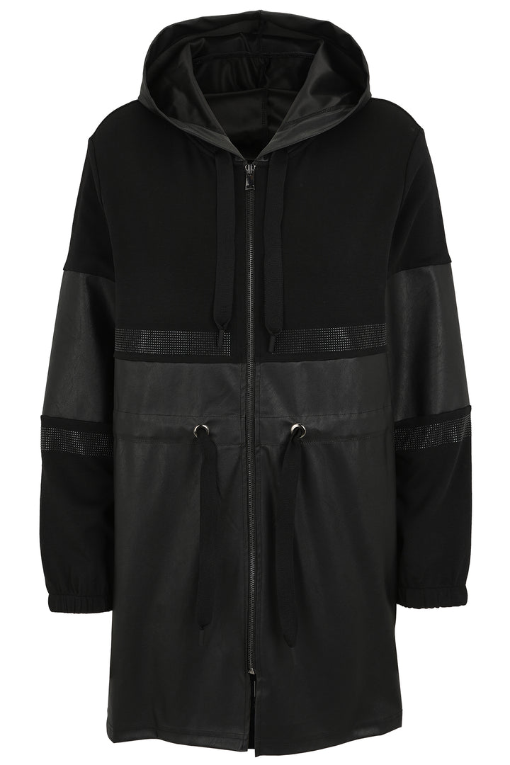 Black hooded coat with contrasting panels on a white background