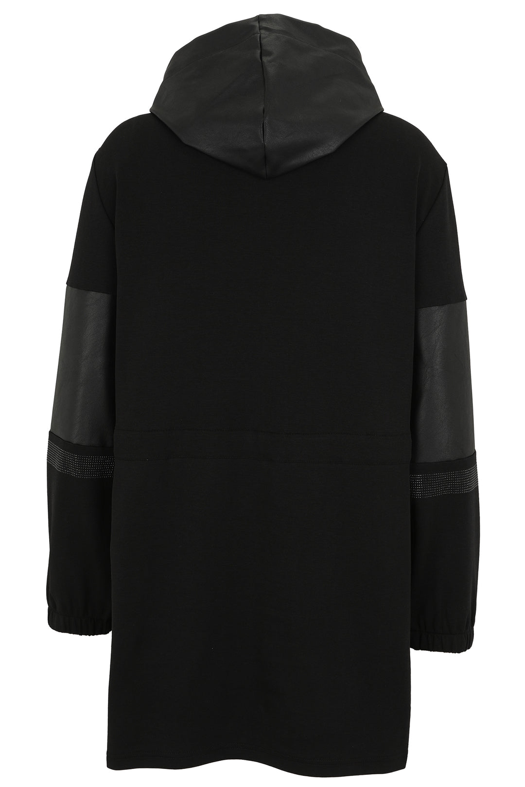 Black hooded coat with mesh panels on sleeves on a white background